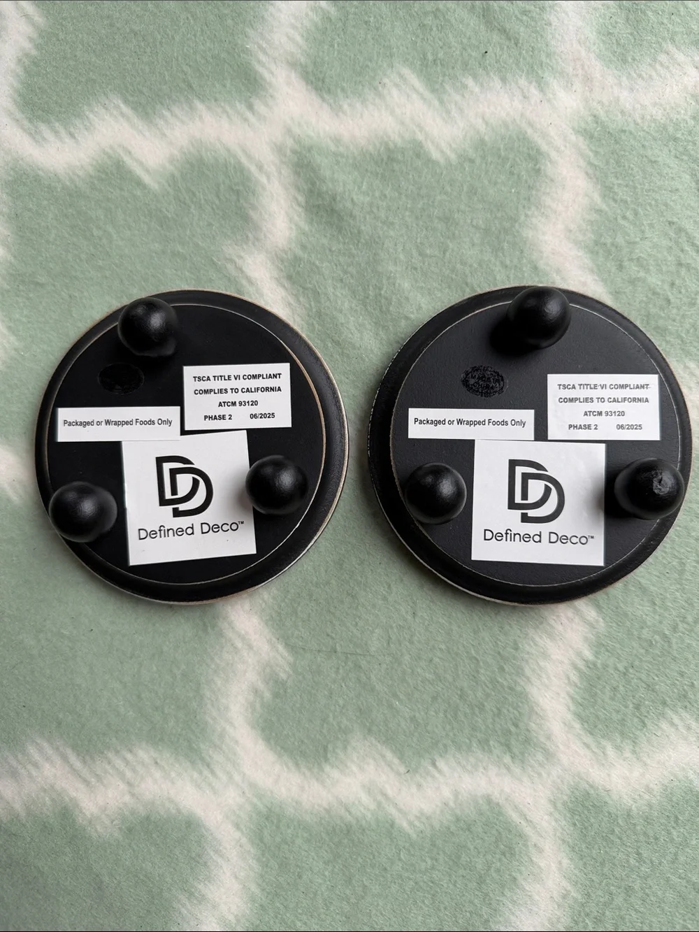 2 New Black Round Wooden Coasters or Hot Plate Holders